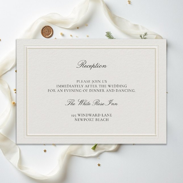 Modern Klassisk Elegant Ecru Bröllopsmottagning Tilläggskort (modern classic wedding reception details ecru double frame elevated formal traditional calligraphy)
