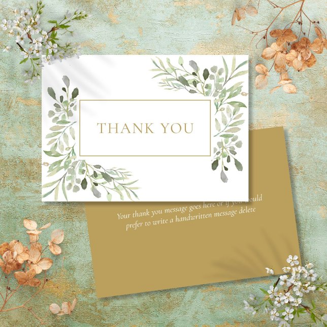 Modern Klassisk Elegant Grönska Guld Tack Kort (Modern Classic Elegant Greenery Gold Thank You Card)