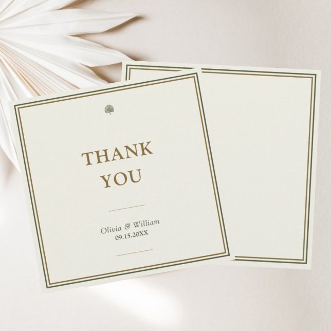 Modern Klassisk Elfenben & Guld Handskriven Bröllo Tack Kort (Timeless ivory & gold square thank you card with customizable monogram back.)