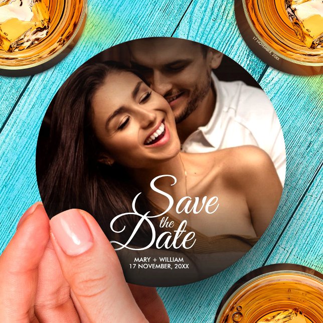 Modern Klassisk Foto Elegant Bröllop Spara Datum Underlägg Papper Rund (Skapare uppladdad)