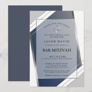 Modern Klassisk Geometrisk Blå Silver Bar Mitzvah Inbjudningar