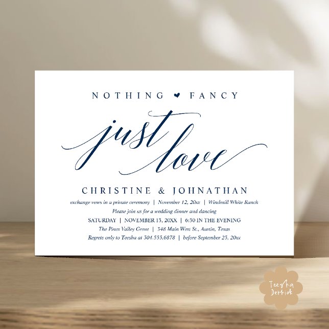 Modern Klassisk Inget Tjälligt, Bara Kärlek, Motta Inbjudningar (Modern Classy Nothing Fancy, Just Love, Wedding Reception Dinner Invitation Card in Navy Blue)