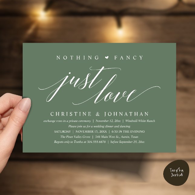 Modern Klassisk Inget Tjälligt, Bara Kärlek, Motta Inbjudningar (Modern Classy Nothing Fancy, Just Love, Wedding Reception Dinner Invitation Card in Sage Green)