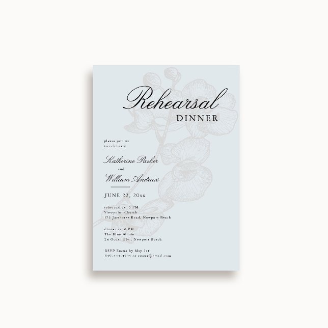 Modern klassisk, orchid Sketch Blue Rehearsal Midd Inbjudningar (wedding rehearsal invitation something blue orchid sketch botanical modern classic elegant script)