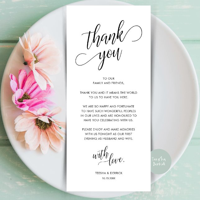 Modern Klassisk Platssättning För Middag Tacksamhe Program (Modern Classy Wedding Dinner Place Setting Thank You Card in Black and White)