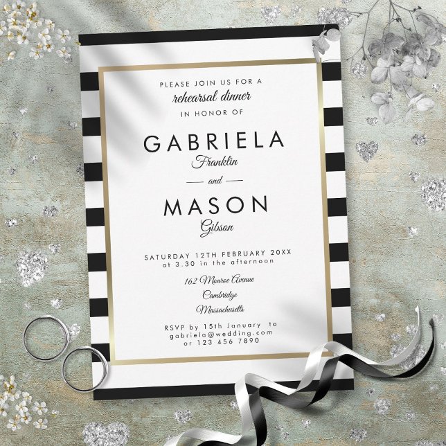 Modern Klassisk Rand Med Guld För Provmiddag Inbjudningar (Modern Classic Stripe Gold Border Rehearsal Dinner Invitation)