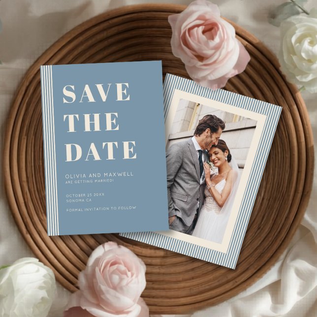 Modern Klassisk Spara Datum Blå Randig Foto Inbjudningar (Skapare uppladdad)