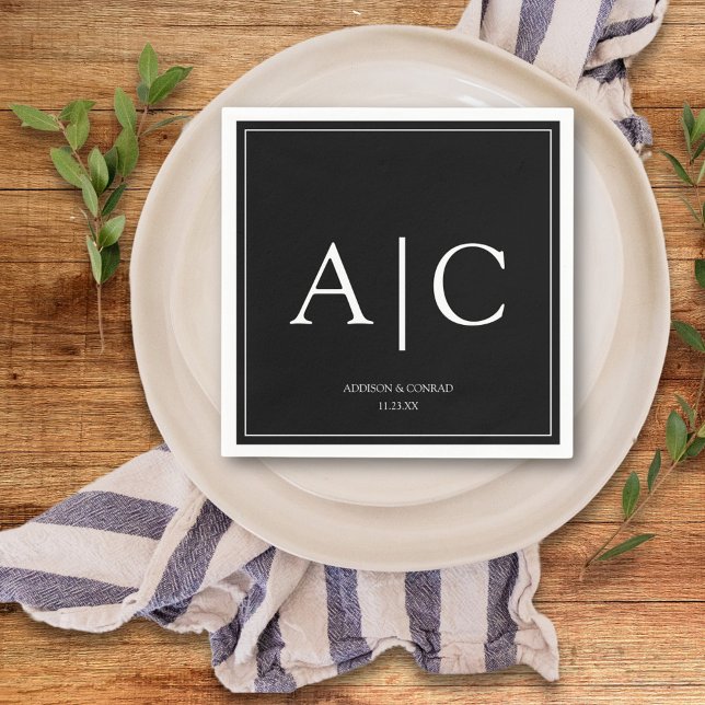 Modern Klassisk Svart Monogram Bröllop Pappersservett (Skapare uppladdad)