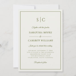Modern klassisk vigselmonogram i kräm och grönt inbjudningar