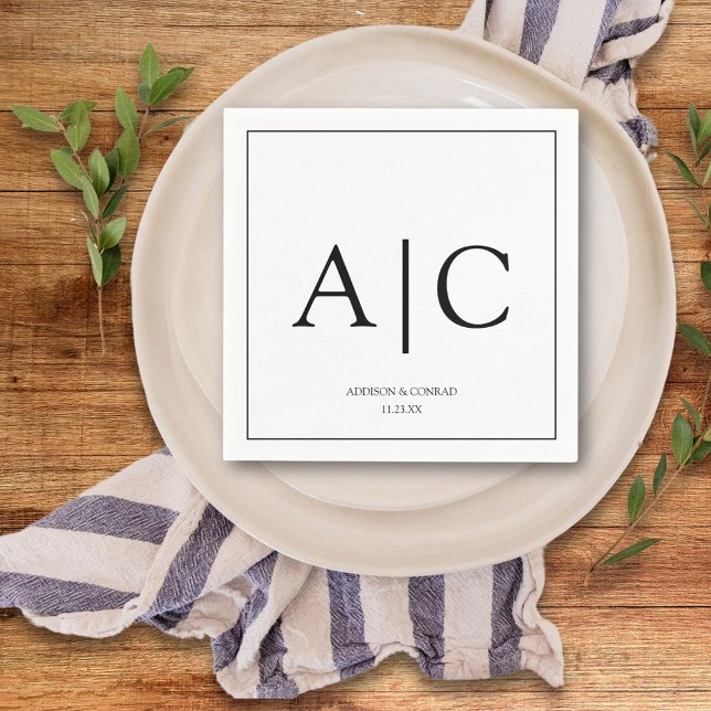 Modern Klassisk Vit Monogram Bröllop Pappersservett (Skapare uppladdad)