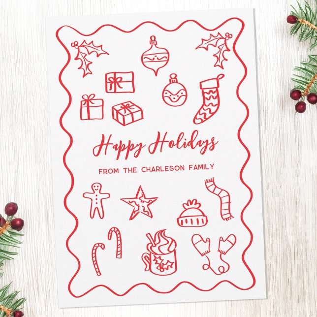 Modern klotterillustration Doodle Röd och Vit Julkort (Fun hand drawn scribble doodle red and white personalized custom text Christmas holiday card)