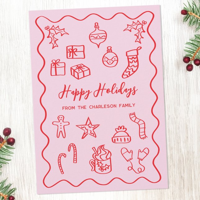 Modern Klotterillustration Doodle Rosa och Röd Julkort (Fun hand drawn scribble doodle Christmas holiday card in pink & red to personalize with custom text.)