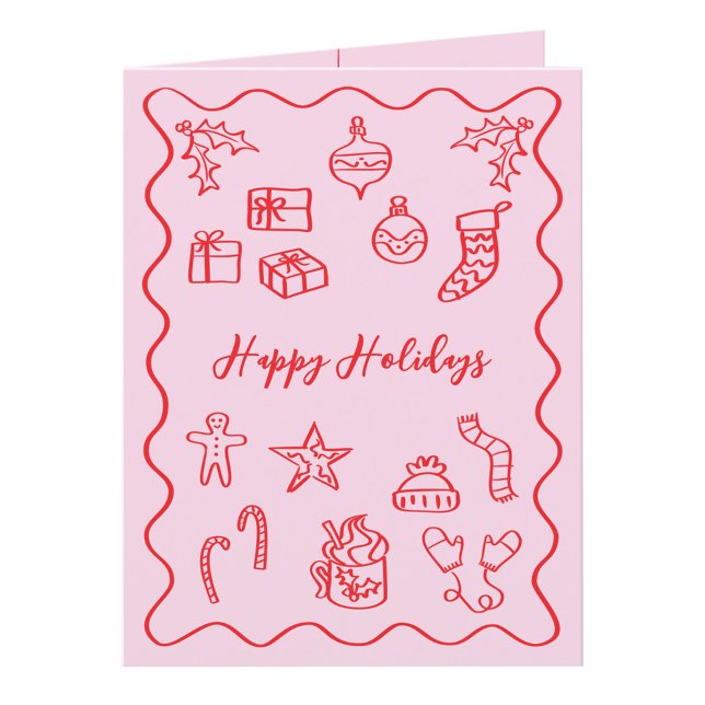 Modern klotterillustration i rosa och rött helgkort (Pink and red hand drawn doodle custom text personalized folded Christmas holiday card)