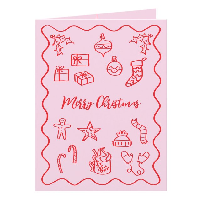 Modern klotterillustration i rosa och rött helgkort (Fun hand drawn scribble doodle pink and red personalized custom text Christmas holiday card)
