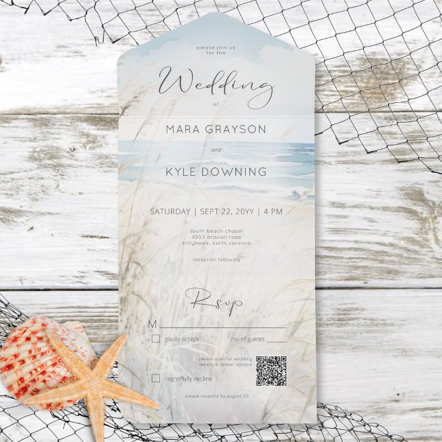 Modern kod för havsytefärgssegment QR (Modern Seaside Watercolor Beach QR Code All In One Invitation)