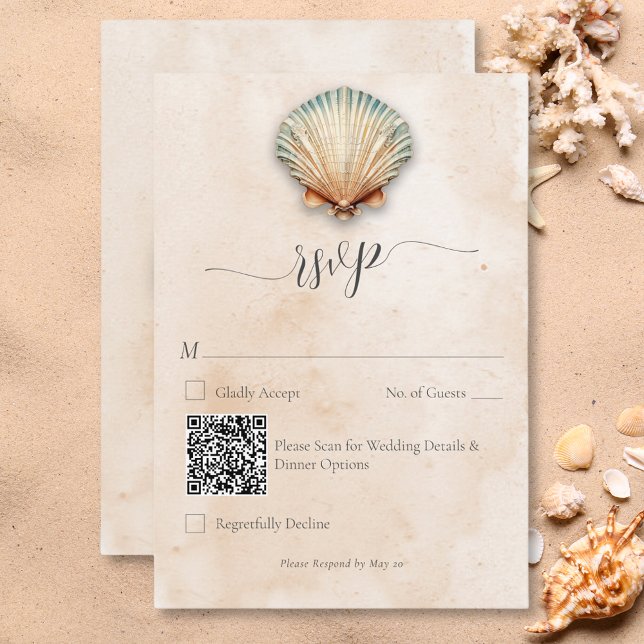 Modern kod för kustsejuset och Bröllop QR OSA Kort (Modern Coastal Seashell Sand Wedding QR Code RSVP Card)