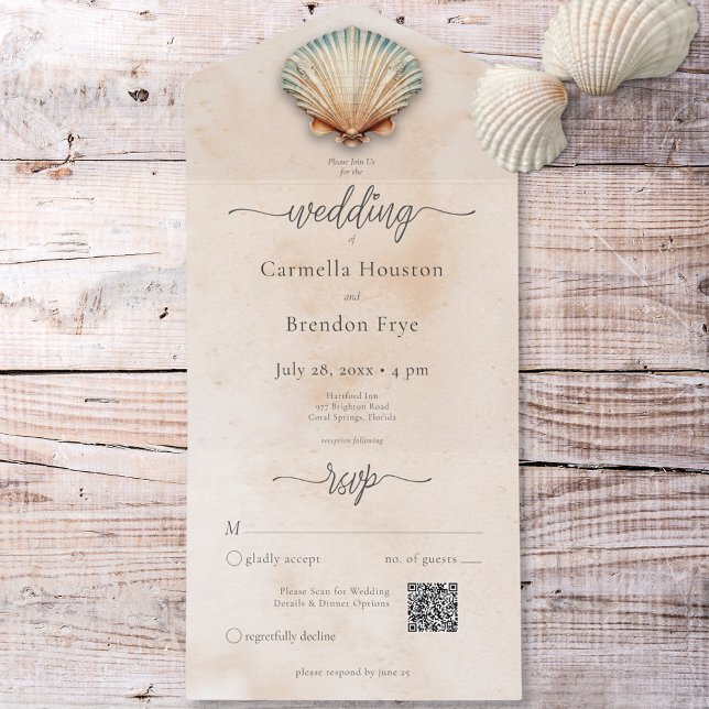 Modern kod för kustsnäckskal och vattenfärg QR (Modern Coastal Seashell Sand Watercolor QR Code All In One Invitation)