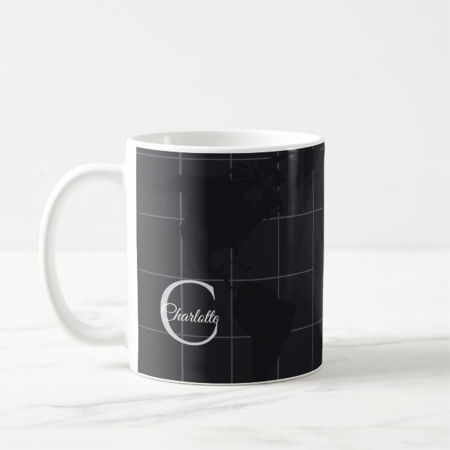 Modern kolgrå världskarta anpassad initial kaffemugg (Vänster)