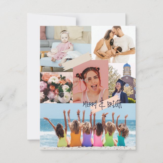 Modern kollage Merry och Bright jul Photo Julkort (Framsida)