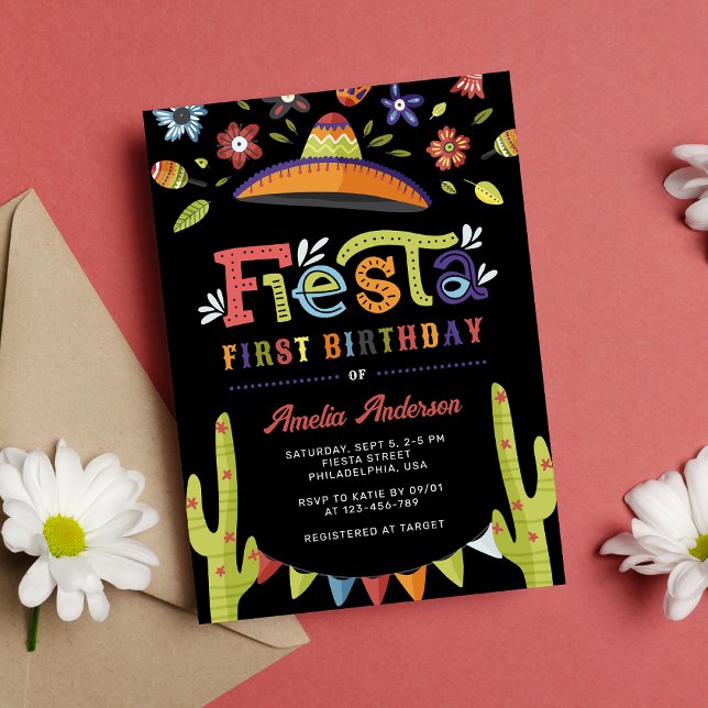 Modern kolorös fiesta Mexican Black 1:a födelsedag Inbjudningar (Skapare uppladdad)