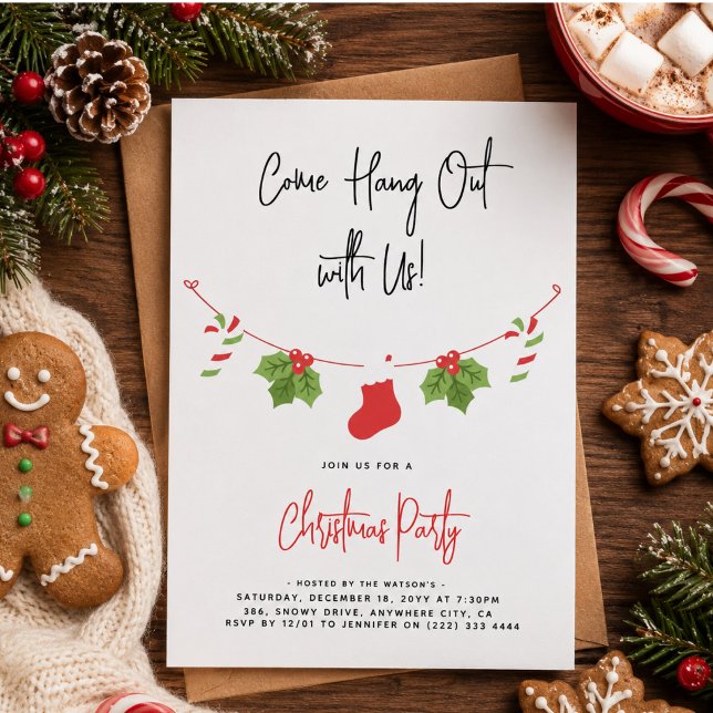 Modern 'Kom och Häng Ut' Tomte Julfest Inbjudningar (Modern 'Come Hang Out' Santa Claus Christmas Party Invitation)