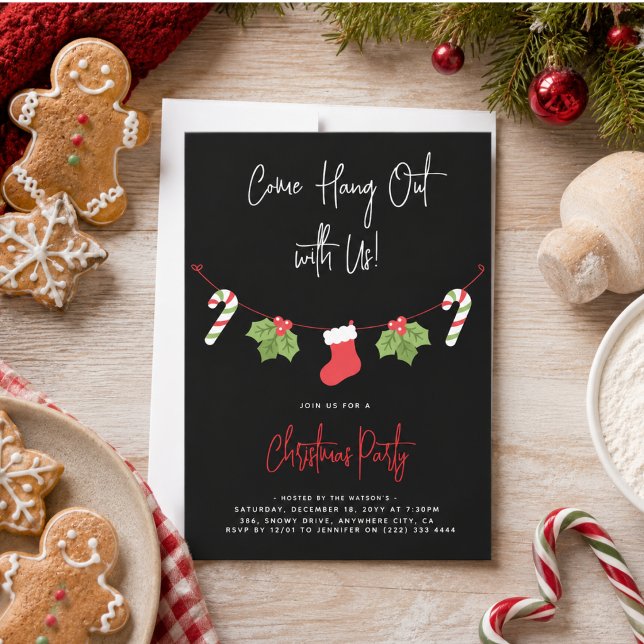 Modern 'Kom och Häng Ut' Tomte Julfest Inbjudningar (Modern 'Come Hang Out' Santa Claus Christmas Party Invitation)