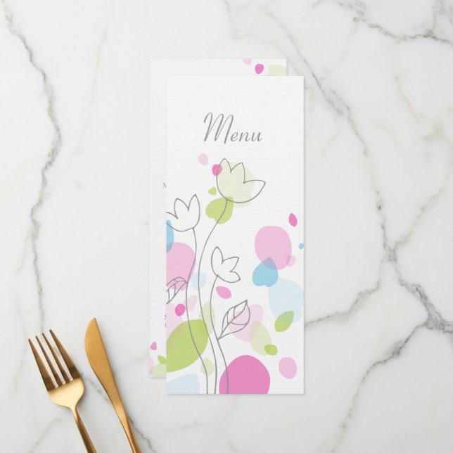 Modern konetti-blommor, bröllop-middagsmenyn meny (Fram/Back In Situ)
