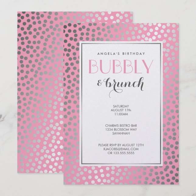 Modern konfetti Polka dots pastel Rosa och Silver Inbjudningar (Fram/baksida)