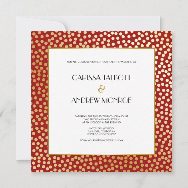 Modern konfetti Polka dots Red och Guld Inbjudningar (Framsida)