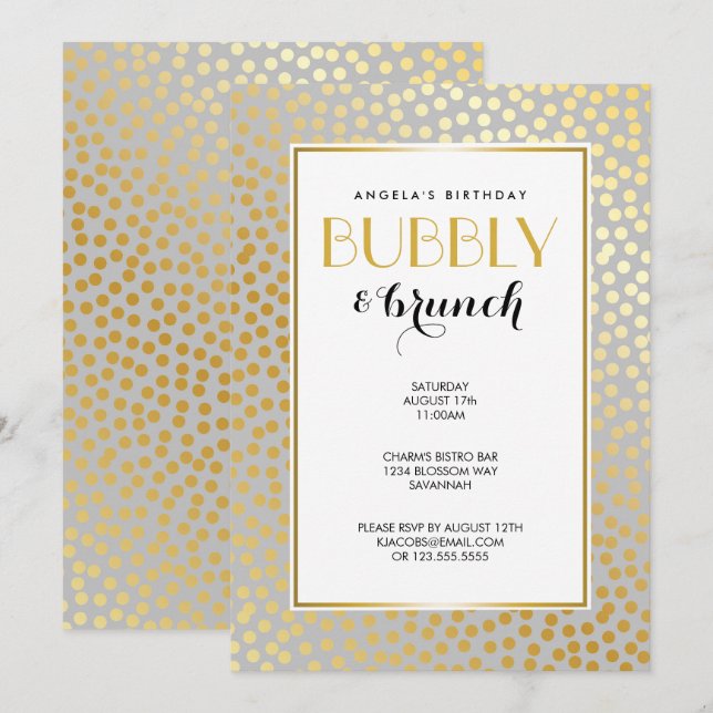 Modern konfettipolka prickar mönster grått och gul inbjudningar (Fram/baksida)