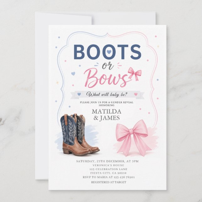 Modern könsbestämmande inbjudan med Boot eller Ros (Framsida)