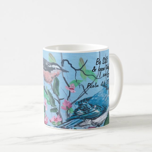 Modern konst Pinks and Blue Birds with Bible Verse Kaffemugg (Framsida höger)