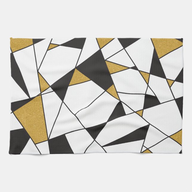 Modern konstgeometri - svart och vitt med guld kökshandduk (Horisontell)