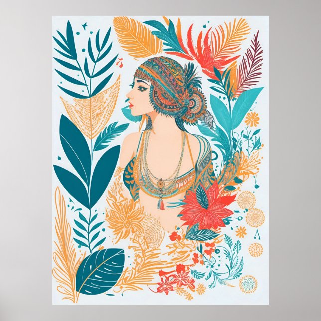 Modern konstgjord Boho Feathers Woman AI Art Poster (Framsidan)