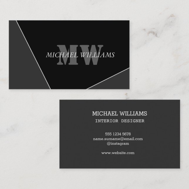 Modern konstnärlig grå svart monogram visitkort (Fram/baksida)