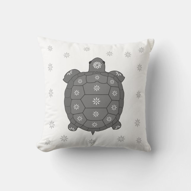 Modern konstnärlig Grått Tortoise & Flowers på Whi Kudde (Framsida)
