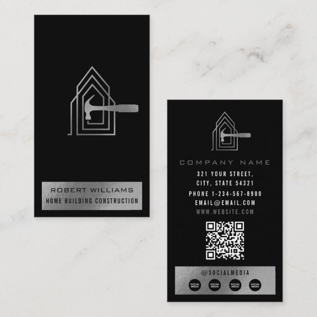 Modern konstruktion Svart Silver Hem Byggnad Lux Visitkort (Fram/baksida)