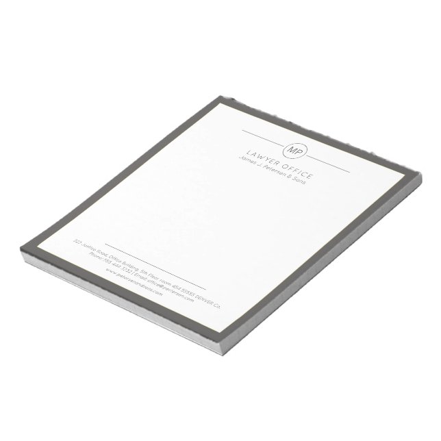 Modern kontor mörkgrå vit monogram advokat anteckningsblock (Roterad)