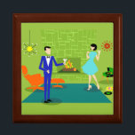 Modern kopp nyckelruta för trä i mitten smyckeskrin<br><div class="desc">Den här Mid Century Modern Couple Wooden Juvelry Keepsakys Box ser ut som en scen ut ur en romantisk komedi. 1960-talets minimalistiska konst i stil har en attraktiv tecknad par som njuter av en romantisk kväll hemma. Det sofistikerade rummet har en grönt stenvägg med en brinnande eld i eldstaden. Inredningen...</div>