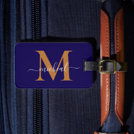 Modern Koppar Guld & Blå Monogram Skriptnamn Bagagebricka