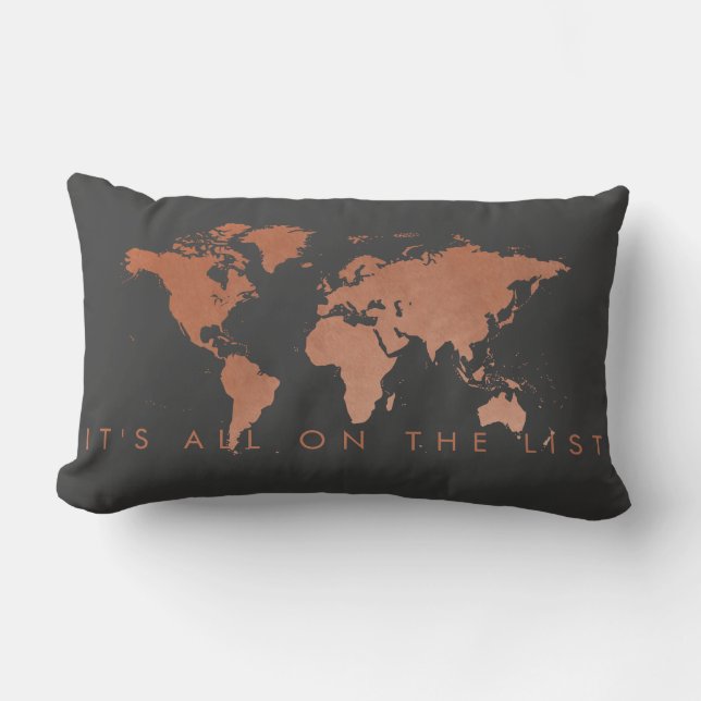 Modern koppar och Grått World Map Pillow Lumbarkudde (Framsida)