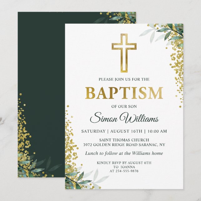 Modern Kor-baptism i Grey Guld Glitter Inbjudningar (Fram/baksida)