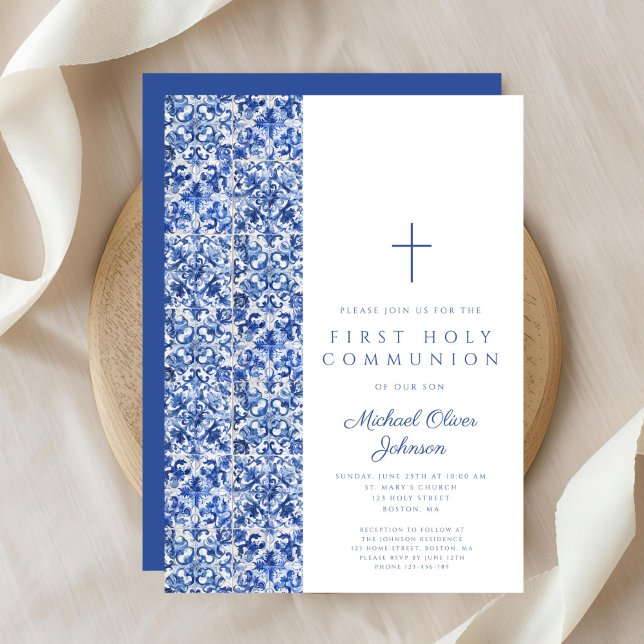 Modern Kor Blue Tiles First Communice Inbjudningar (Modern Cross Blue Tiles Boy First Communion Invitation)