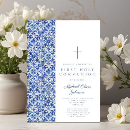 Modern Kor Blue Tiles First Communice Inbjudningar