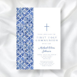 Modern Kor Blue Tiles First Communice Inbjudningar