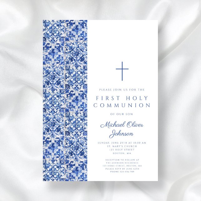 Modern Kor Blue Tiles First Communice Inbjudningar (Modern Cross Blue Tiles Boy First Communion Invitation)