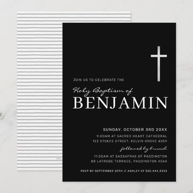 MODERN KOR heliga baptism, minsta svarta silver Inbjudningar (Fram/baksida)