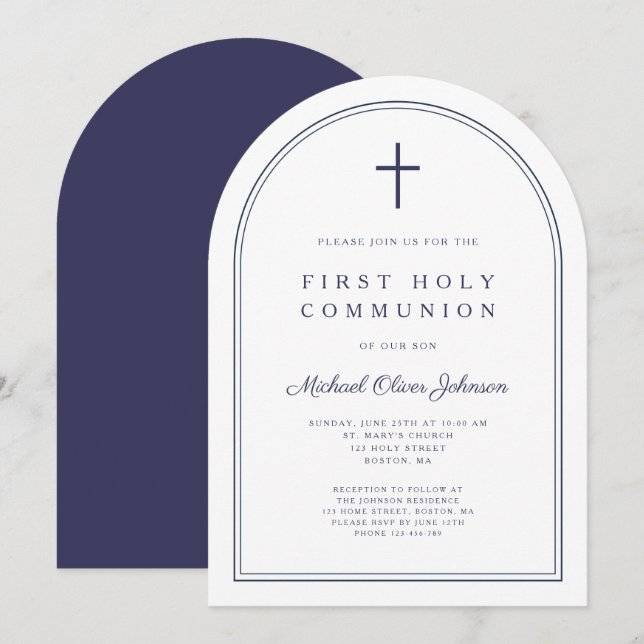 Modern Kor Navy Blue Boy First Communion Arch Inbjudningar (Fram/baksida)