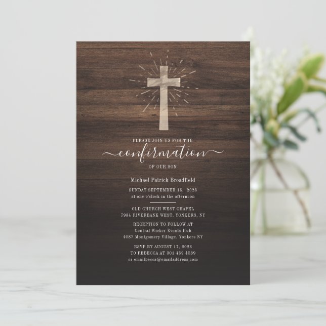 Modern Kor Rustic Wood Religiösa Bekräftelse Inbjudningar (Stående Fram)