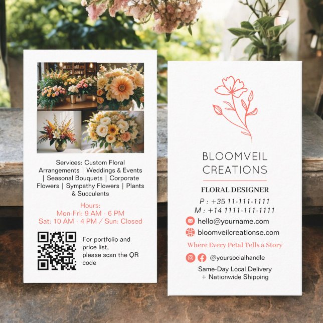 Modern koral minimalist florist foton qr kod visitkort (Modern coral minimalist florist photos qr code business card)